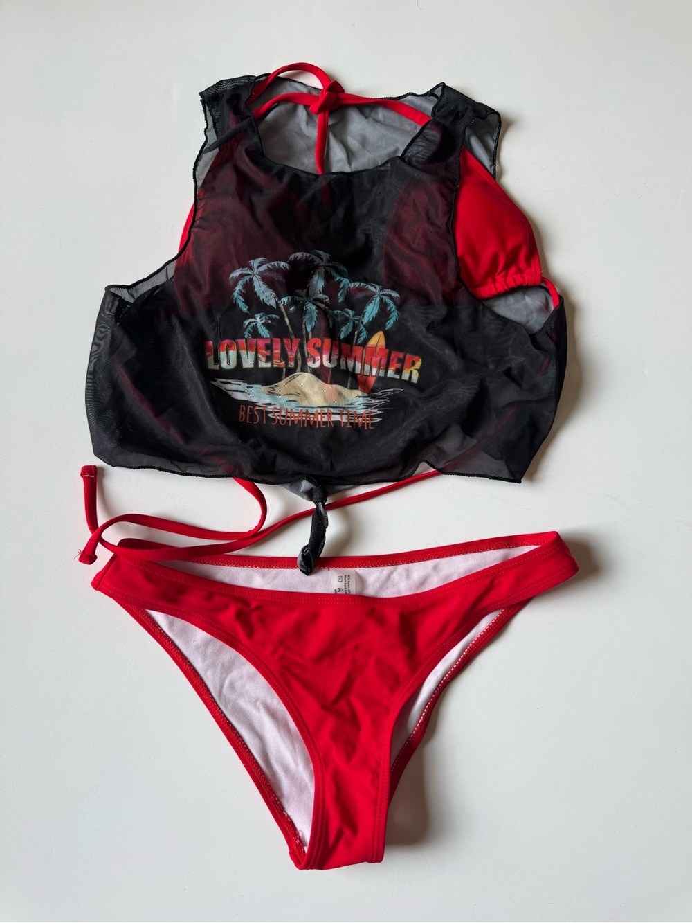 Red and Black 'Lovely Summer' 3-Piece Bikini Set